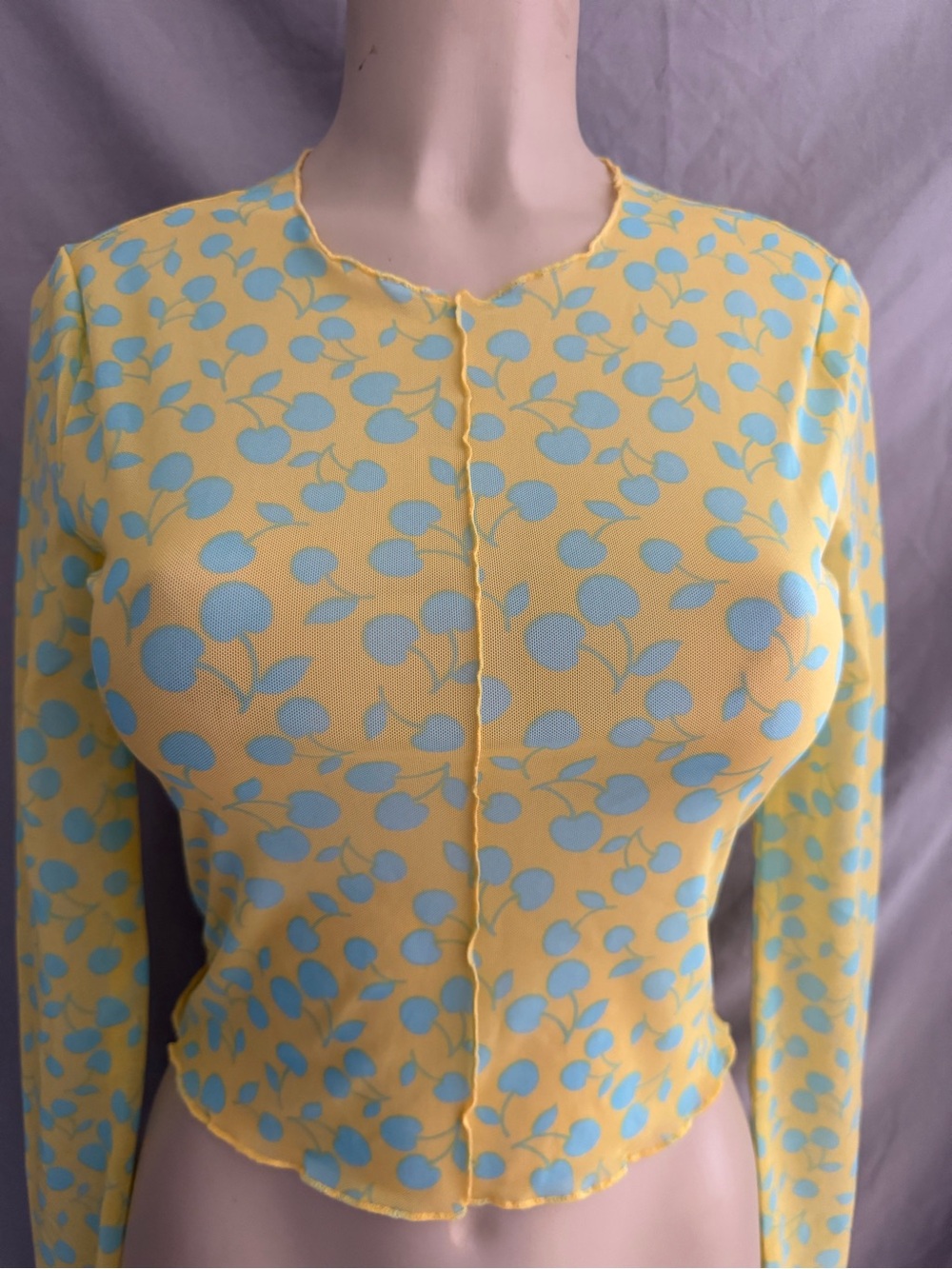 Forever 21 Yellow Long Sleeve Tee with Light Blue Cherry Print